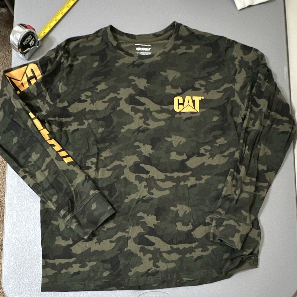 Caterpillar CAT Mens L Green Camo Logo Crew Neck Long Sleeve Cotton Jersey Tee - Picture 5 of 8